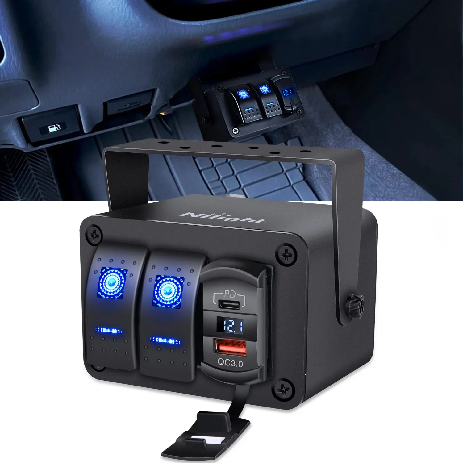 Nilight 2-Gang Rocker Switch Box - 12V SPST ON-Off Switch, PD Type C & QC 3.0 Dual USB Ports, Voltmeter, Waterproof Aluminum Panel, Lighting Accessory for Cars, Boats, Yachts, Water Resistant Glow in the Dark Auto Part, Truck Accessories