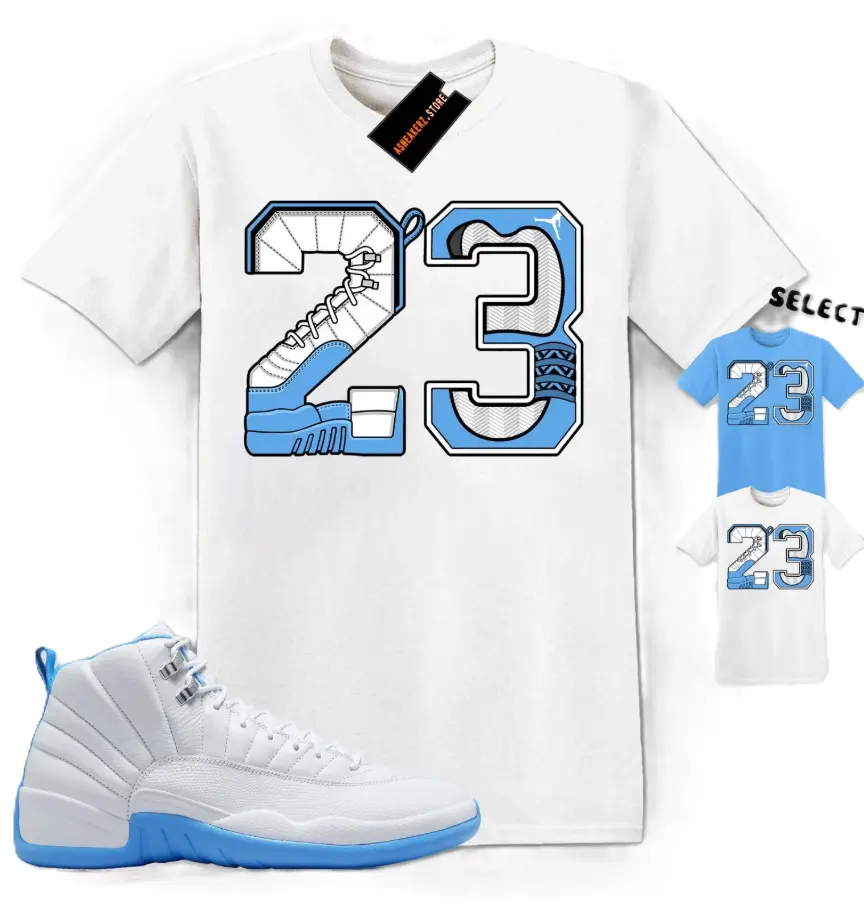 No 23 Unisex Graphic T-Shirts To Match Sneakers 12s White and University Blue, 12 Melo University Blue Outfit, Top Tshirt
