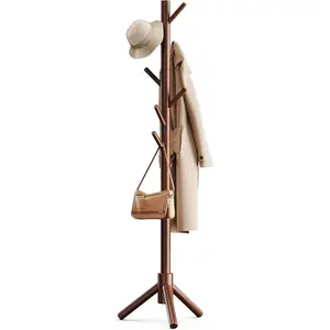Sturdy Wooden Coat Tree with 8 Hooks, 3 Adjustable Sizes for Clothes, Hat Stand Used in Bedroom/Office/Entryway, Brown