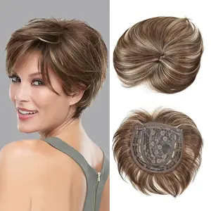 Short Hair Toppers for Women with Thinning Hair Large Full Coverage with 3 Clips Hair Pieces Wispy Bangs(Brown Highlight Blonde)