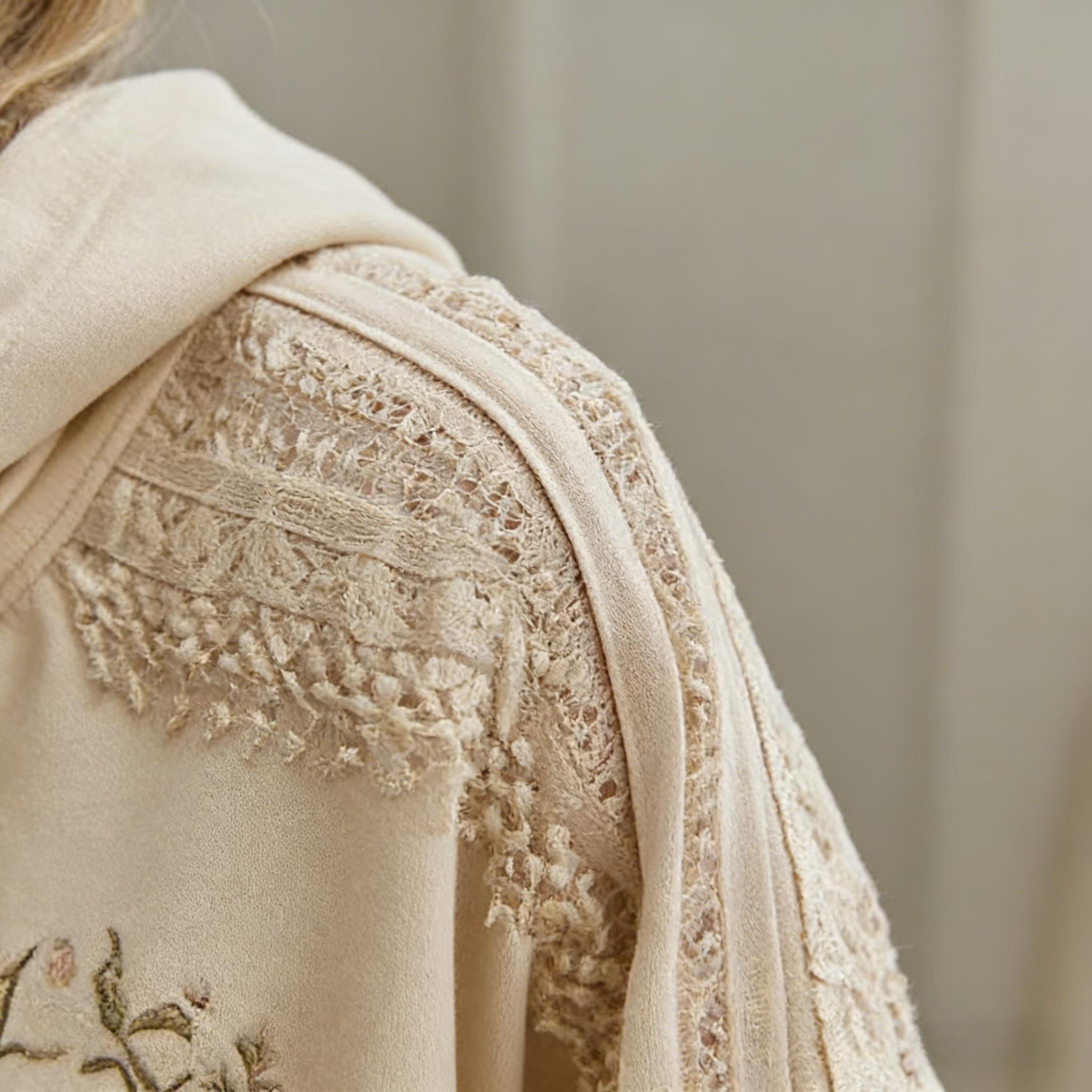 Vintage Beige Floral Embroidered Hoodie, Lace Patchwork Oversized Pullover, Boho Cottagecore Aesthetic Sweatshirt, Romantic Rose Embroidery Casual Streetwear for Women