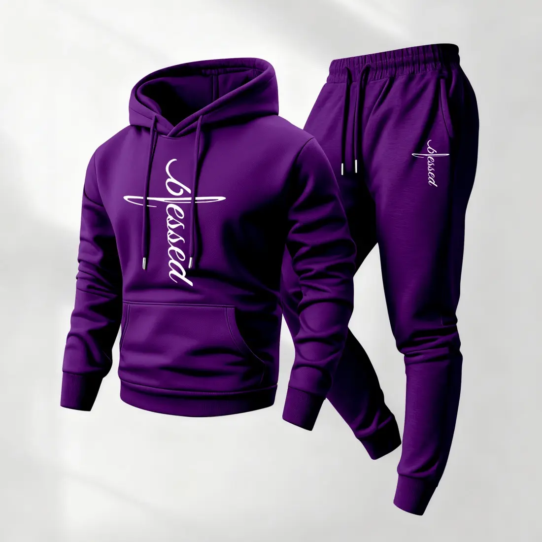 Men's 2-Piece Tracksuit Set, Casual 'Blessed' Graphic Polyester Hoodie & Sweatpants, Casual Fit for Gym & Athleisure, Long Sleeve, Loose Fitting, Mensfashion, Graphic Print, Hoodie/Jumper, Machine Washable, Male, Normal Type, 2Xl