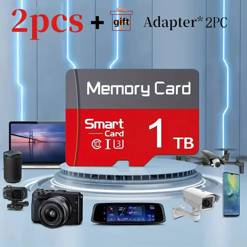 2PCS × 1TB sd memory card, Microsdxc Card, micro tf Sd Cards, sd card, micro sd card, durable with adapter. Ideal photo storage for smartphones and cameras, compatible with PC, dashcams and surveillance systems for daily data storage