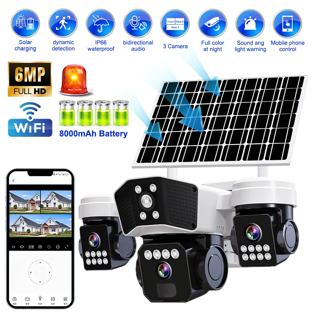 White Solar Powered Outdoor CCTV Security Camera - 6MP WiFi Triple-Lens, 8000mAh Battery, Multi-Screen View, Human Detection Auto-Tracking, Siren Light Alarm, 2-Way Audio, IP66 Waterproof, No Monthly Fee, Outdoor Mount, Garage Security Camera for Home