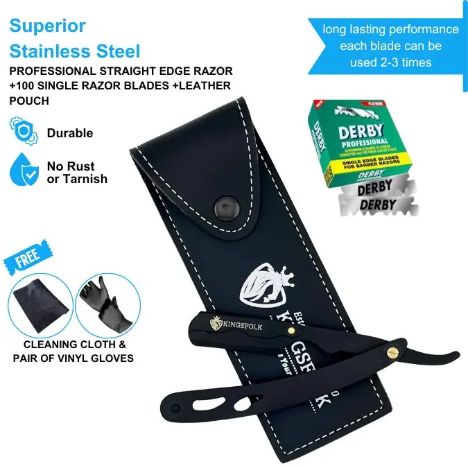 Professional Traditional Straight Edge Razor Kit for Men - Ergonomic Stainless Steel Handle, 100 Single Blades, Smooth Comfort Leather Pouch, Corrosion Resistant Cleaning Cloth & Gloves for Barber Styling, Straight Blade Razors, Clean Shave