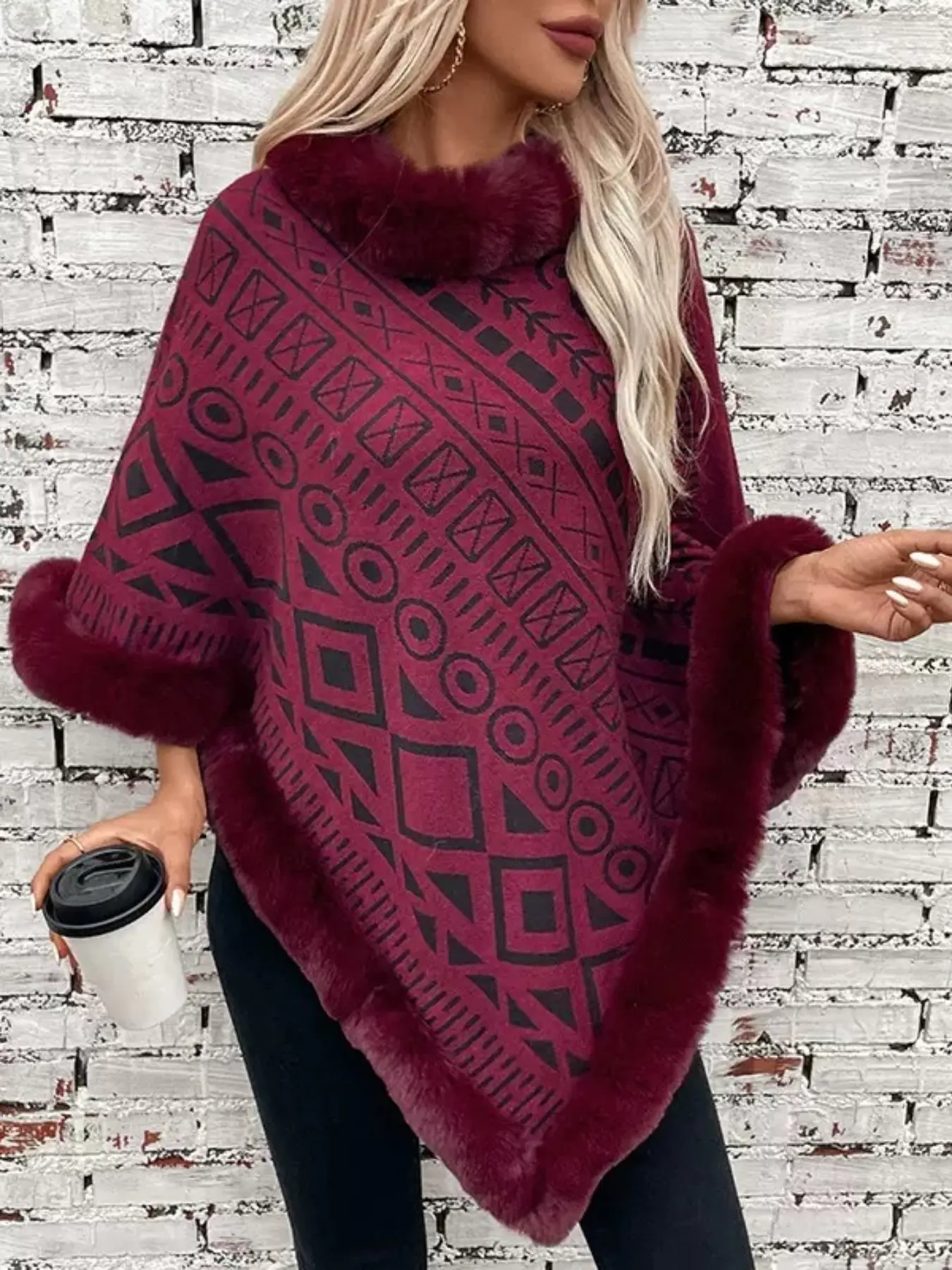 Women's winter coat print casual fur collar shawl pullover all-in-one shawl warm windproof one-size-fits-all shawl suitable for winter hijab coats, dresses, skirts, Fashion shawl wrap, Polyester shawl, very suitable for Christmas and New Year gifts