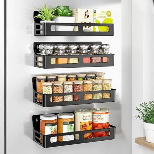 Magnetic Spice Rack for Refrigerator, 4 Pack Premium Plastic Spice Rack Organizer, Magnetic Fridge Shelf Seasoning Rack, Kitchen Organization Metal