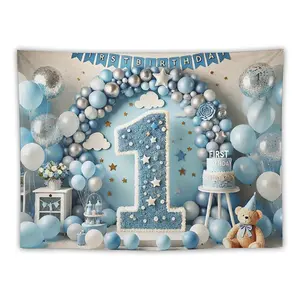Dreamy First Birthday Tapestry for Babies Blue and Silver Balloon Arch with Number 1 and Star Patterns FIRST BIRTHDAY Banner Multi - layer Blue - white Cake and Teddy Bear Pink and Gold Gifts for Whimsical Party Vibe