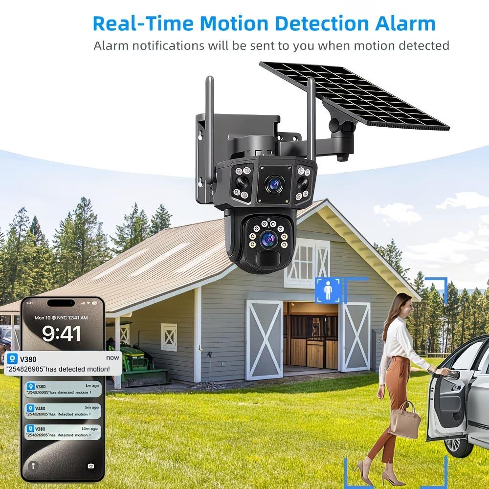 Solar-Powered Wireless Outdoor Security Camera with 4K HD Dual Lens, PIR Motion Sensor, Color Night Vision, Two-Way Audio, 355° Pan-Tilt, Battery & Solar Panel, Built-in, 64GB Storage Card – Wireless CCTV System Suitable for /Office/Driveway/Parking