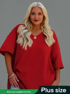 【Plus Size】 Solid Color Drop Shoulder Tee, Casual Half Sleeve V Neck T-shirt for Summer, Women's Clothing for Daily Wear