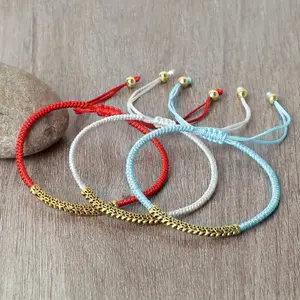 Adjustable Tibetan Buddhist Lucky Rope Bracelet - Handmade Braided String Bangle with Gold Color Beads, Spiritual Protection Charm, Good Luck Jewelry, Bracelets for Women