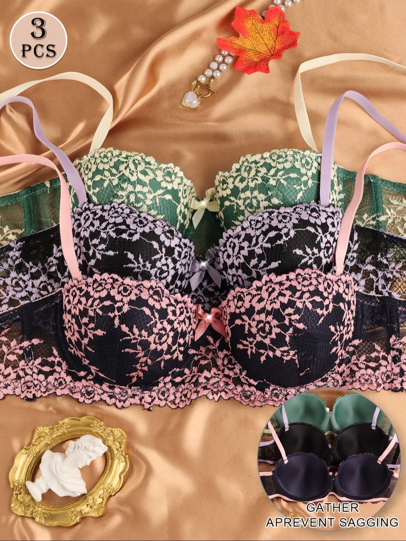 3-Pack Lace Push-Up Underwire Bra Set, Lingerie: Removable & adjustable straps, Backless, lifts & prevents sagging. Pretty floral lace, soft fabric — great support, stylish, your daily versatile staple! Grab it now!