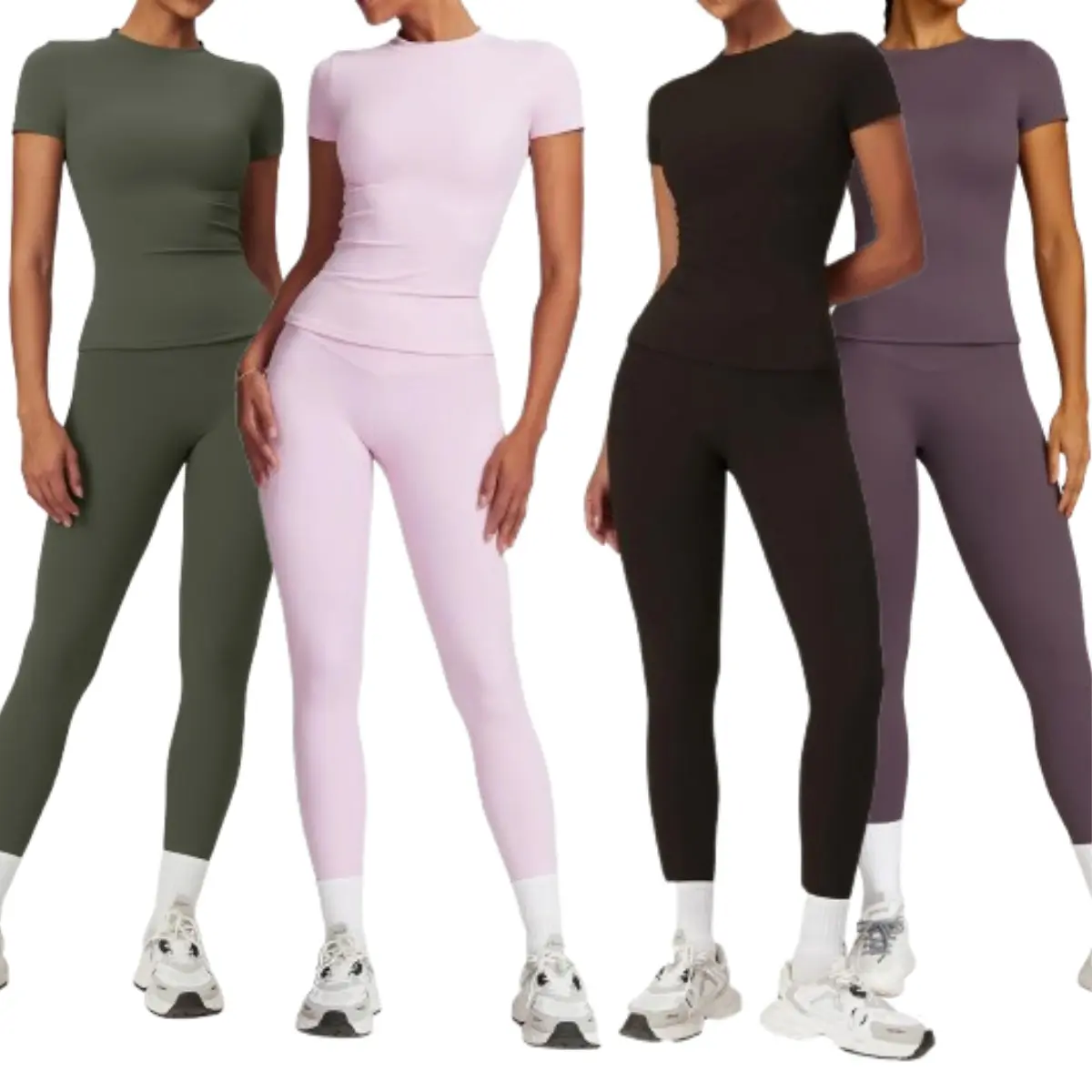 Women's 2-Piece Activewear Set - Buttery-Soft Crew Neck Tee & High Waist Tummy Control Leggings, Stretchy Nylon Spandex 2 Pc Set Women's Sports Sweat Suit for Yoga, Gym, Women's Workout Sets