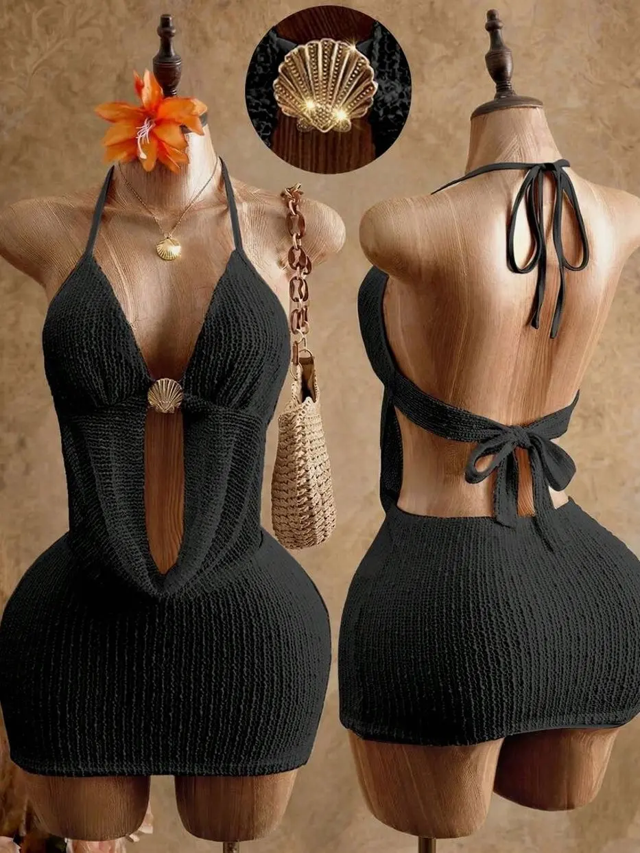 Fuchsia Pink Halter Mini Dress, Sleeveless Knit Bodycon Party Beach Dress for Summer Vacation
