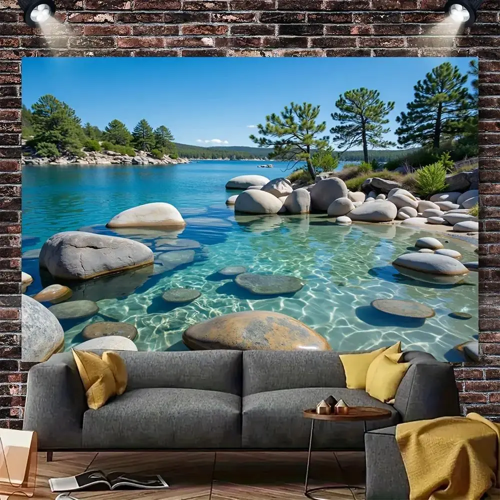 1pc Soft Polyester Photo Backdrop - Party Decorations Banners with Tranquil Lake Scene, Mountain Lake, Green Forest Reflection, Lakeside Stones, Realistic Sky, Pine Trees, Multi-Size Option for Wedding, Engagement Party Decor