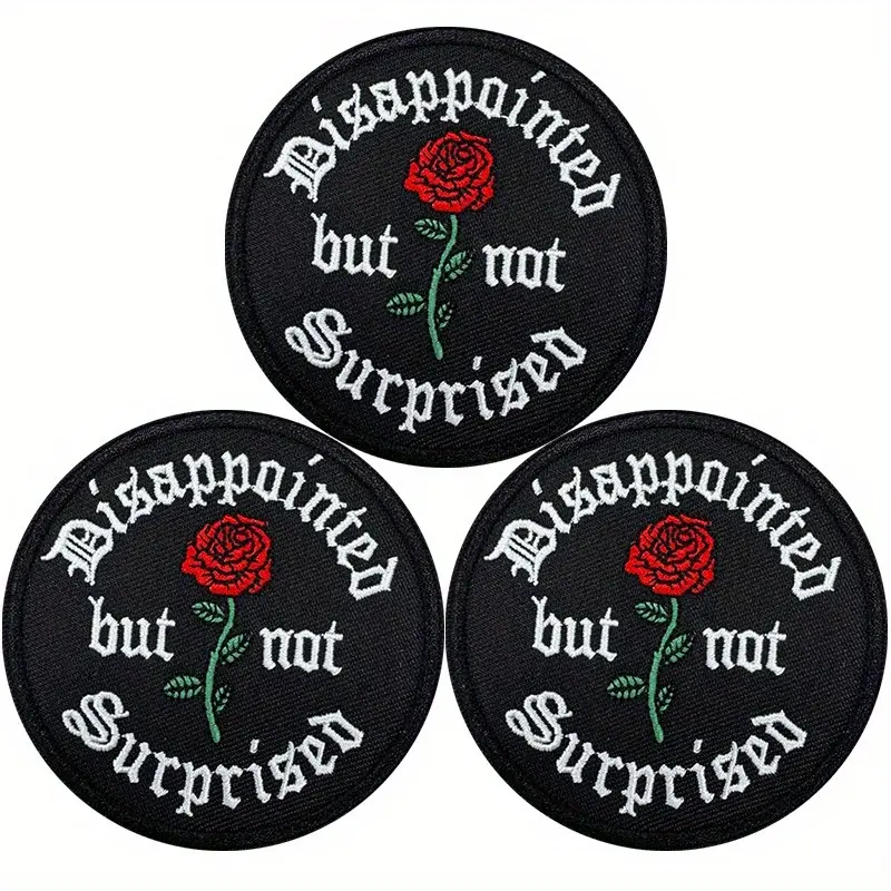 3pcs Emo Aesthetic Embroidery Iron-On Set - Polyester Knitted Fabric, Emotional Quote & Rose Designs, Sew-On Option, DIY Friendly, Easy to Use, Ideal for Clothing & DIY Projects, Sewing Supplies for Emo Fans