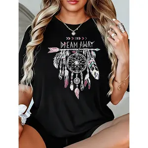 Boho Chic Dreamcatcher Printed Women's T-Shirt - 100% Cotton Crew Neck Short Sleeve Black Bohemian Graphic Tee Top Womenswear Casual Crewneck