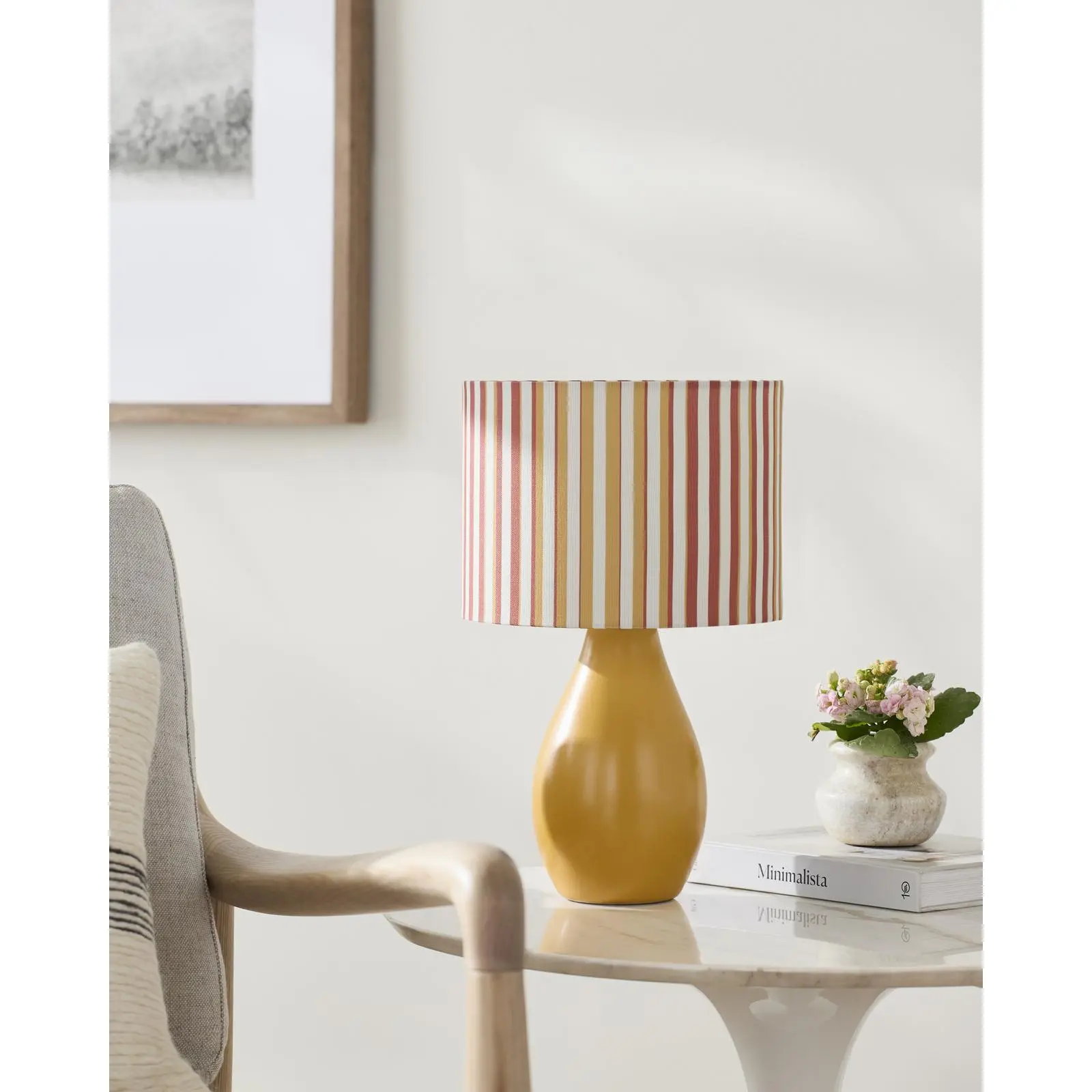 Livabliss Melbu Striped Art Deco Accent Table Lamp - 15 in Tall Ceramic Base Nightstand Lamp, Easy-Clean Linen Design, Warm Glow, AC Power Supply, Modern-Design-Style Indoor Room Lights, Home Decoration, Bedroom Home Improvement Use