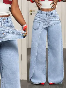 Women's Casual Denim Long Pants, Elegant Plain Pattern, Loose-Fitting, All-Season Fashion, Trendy Asymmetrical Design, Jean, Trouser, Streetwear, Womenswear