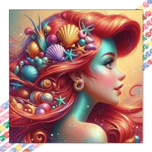 1 set of DIY diamond painting kit, 5D diamond art set, DIY decoration with shells, starfish, and red hair. Mosaic, diamond art, DIY art home decor.