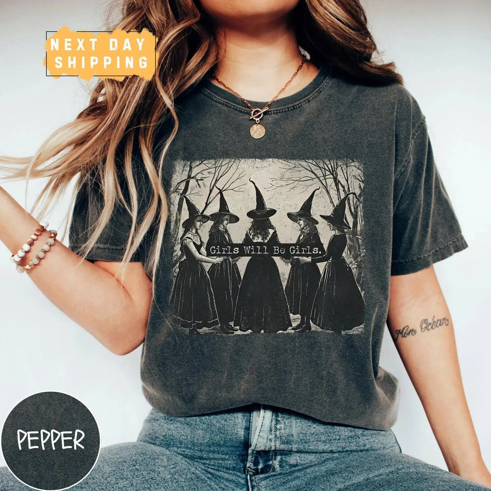 Vintage Girls Will Be Girls Witch Comfort Colors Shirt, Funny Witch Vintage Shirt, Vintage Halloween  Shirt, Witchy Vibes Shirt women graphic tees