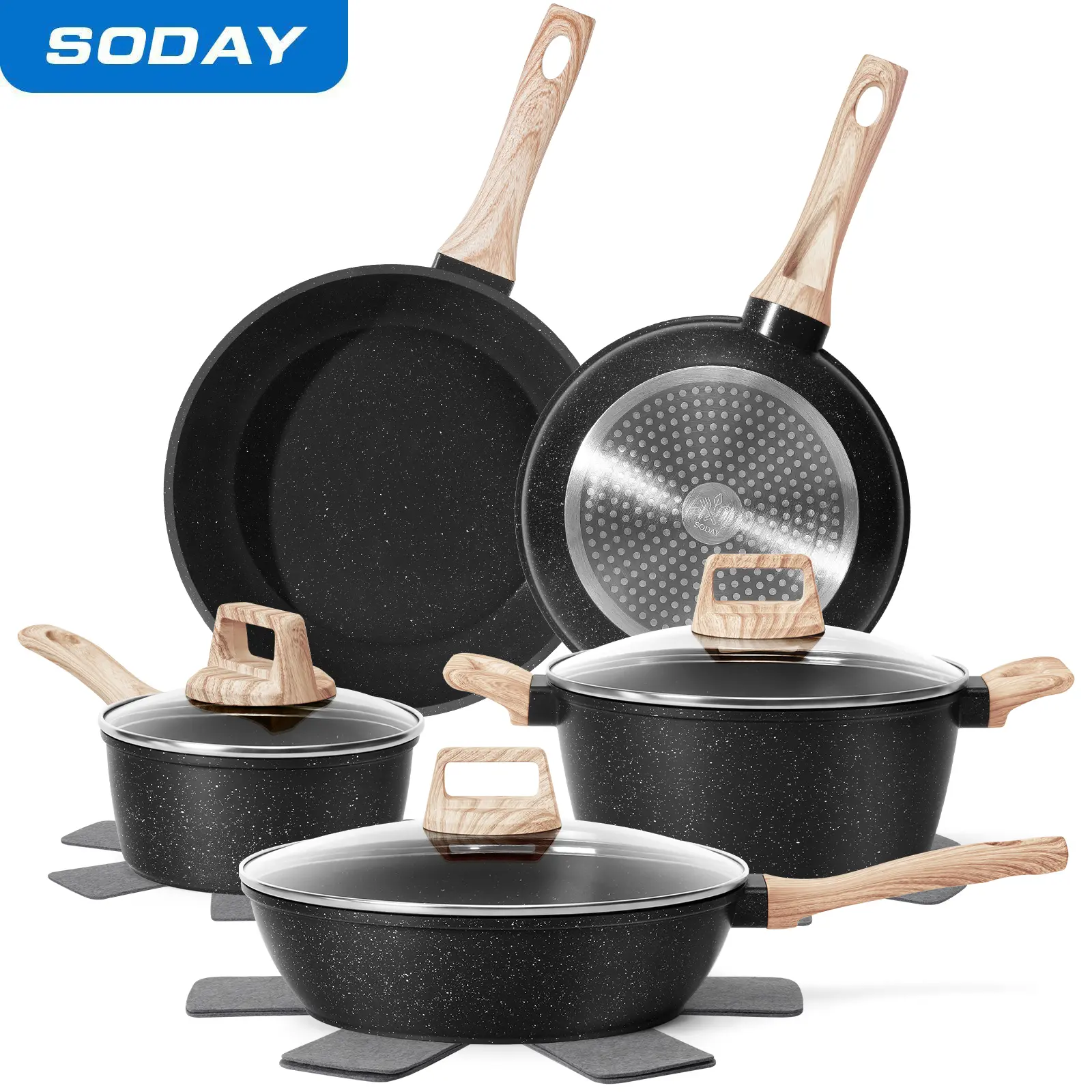 SODAY 12pcs Pots and Pans Set Non Stick Kitchen Cookware Sets Induction Cookware Nonstick Granite Cooking Set with Frying Pans, Saucepans, Kitchenware,stock up on specials, DealsForYouDays,Father's Day Gift