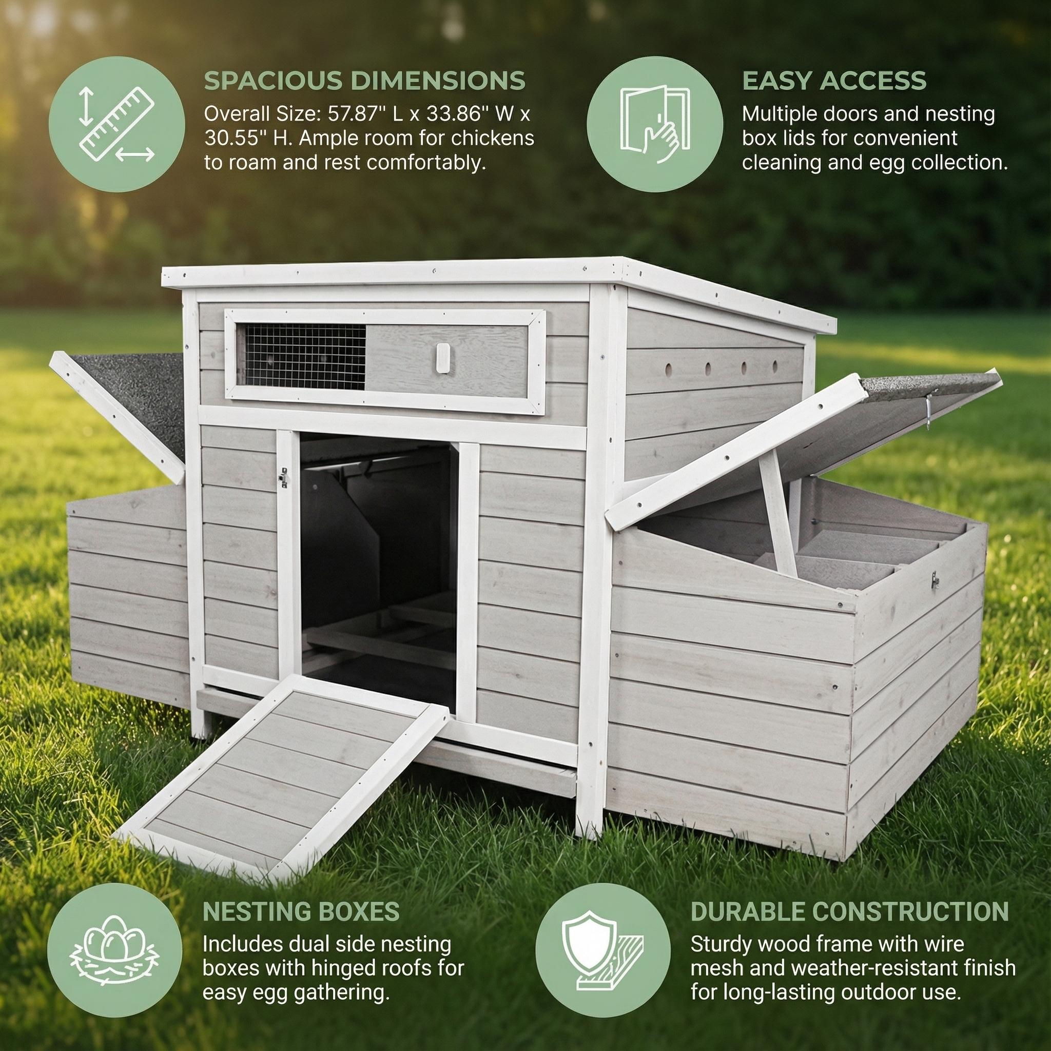 Eyisean 58" Wooden Large Outdoor Chicken Coop, Portable Hen House with Waterproof Foot & Pull-Out Tray, Dual-Sided Ventilation Holes, Poultry Cage with 2 Sides Nesting Boxes, Easy-Clean for Backyard