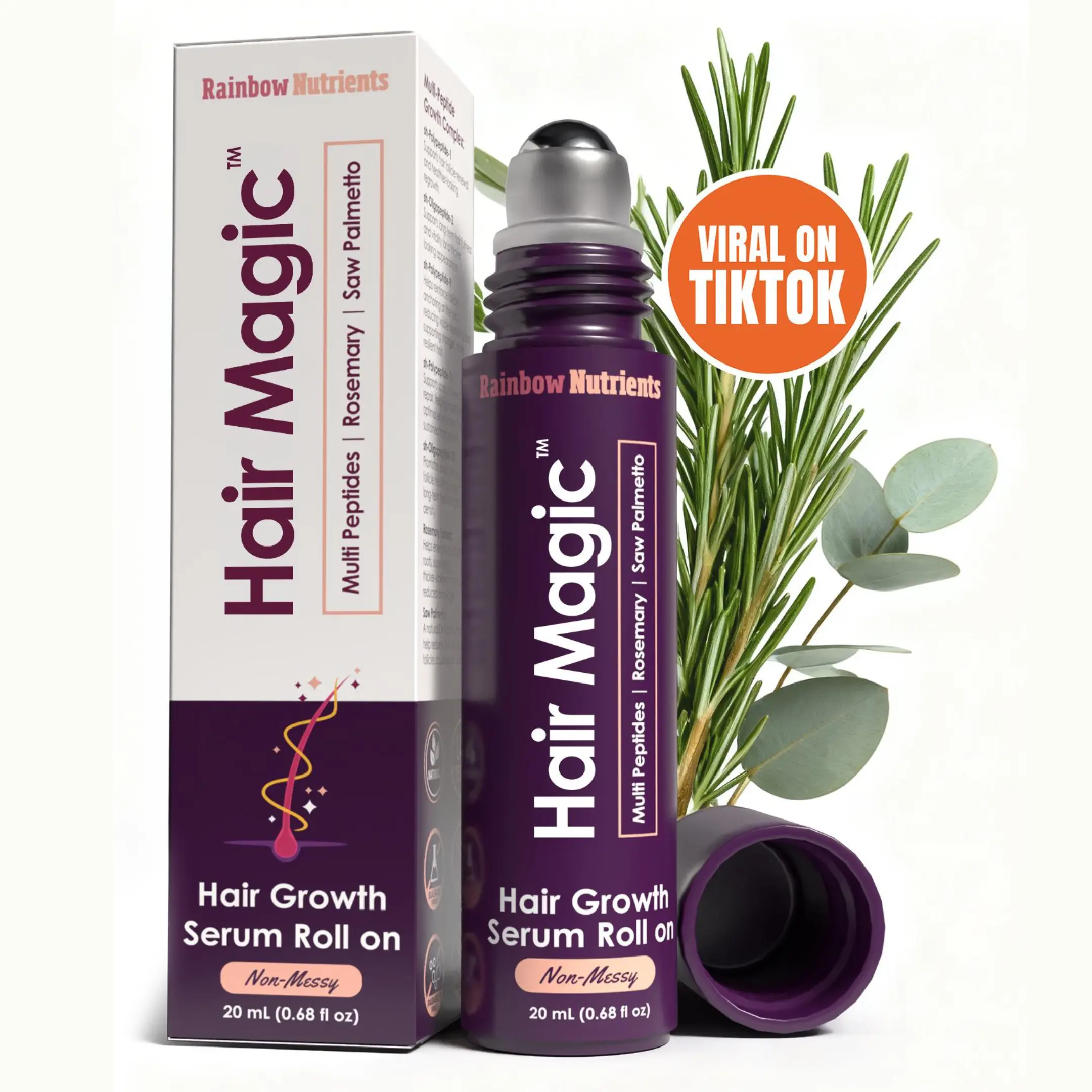 Hair Magic - Hair Growth Serum Roll On- Multi-Peptides + Rosemary Oil for Hair Growth, Density, Beard, Eyebrows & Scalp Serum Treatment For Women & Men with Saw Palmetto - Suero Para El Cabello