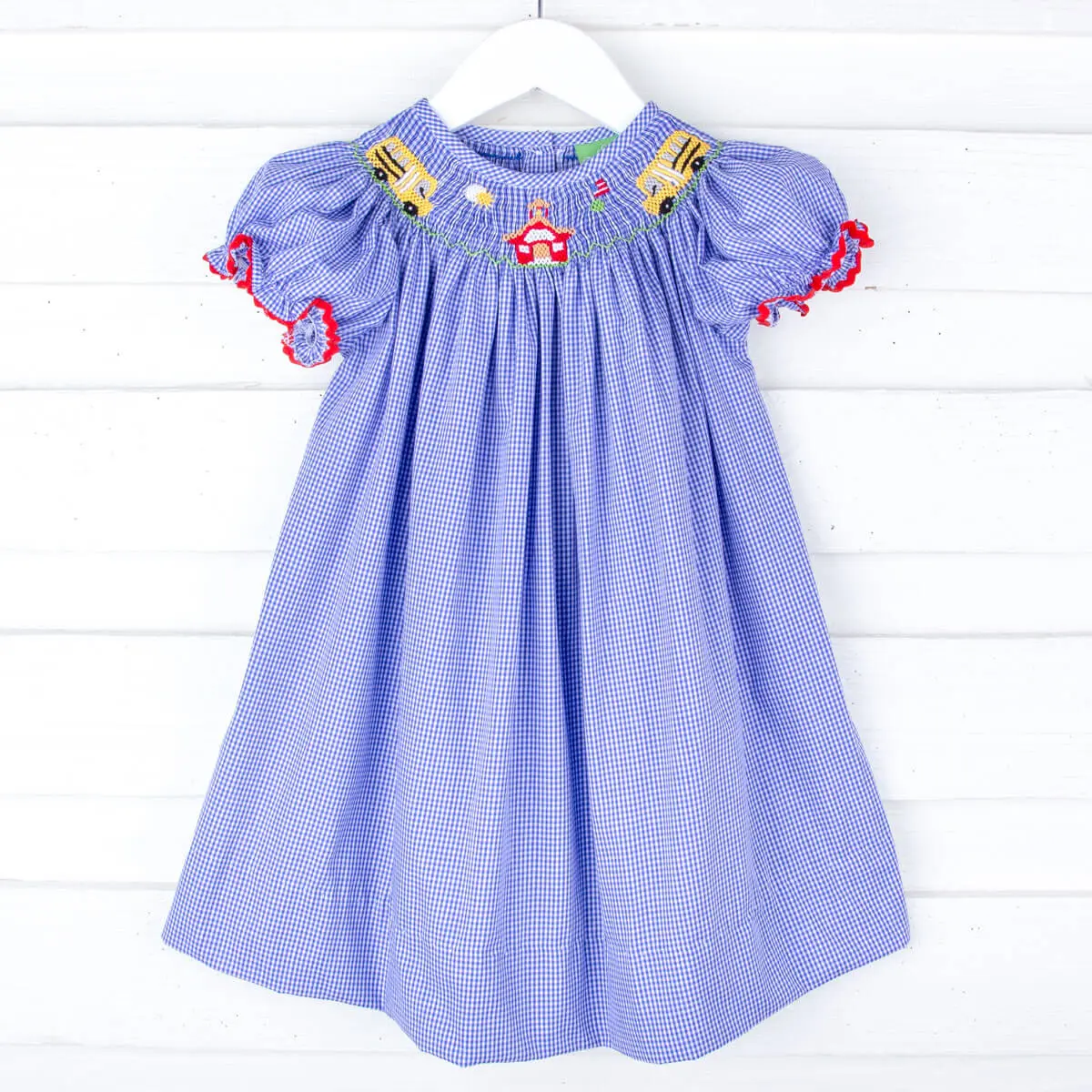 School Bus Smocked Royal Gingham Bishop Dress