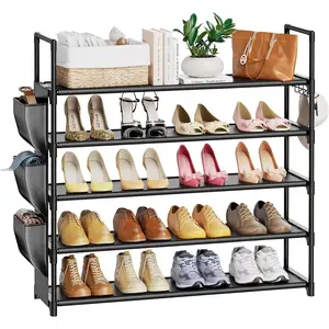 5 Tier Shoe Rack with Hook and Side Pocket,Shoe Organizer Space Saver Storage for 20-25 Pair Shoe Storage Shelf Sturdy Free Standing Long Shoe Rack Organizer for Closet,Entryway,Small Spaces