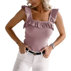 Womens Cute Sleeveless Tank Tops Ruffle Strap Square Neck Blouse Solid Color Knitted Camisole