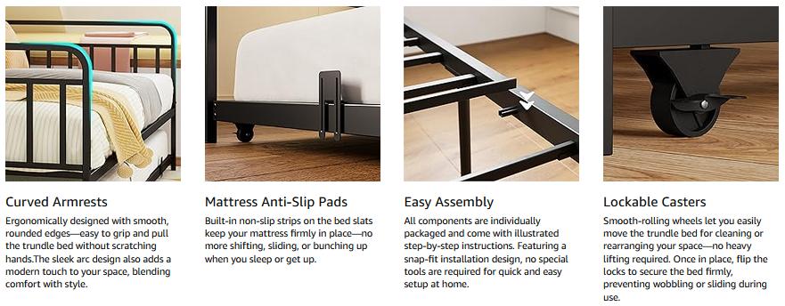 LIKIMIO Daybed with Trundle, Metal Twin Bed Frame with Charging Station & Storage Headboard, Sturdy Noise-Free Day Bed for Bedroom, Guest Room, Living Room