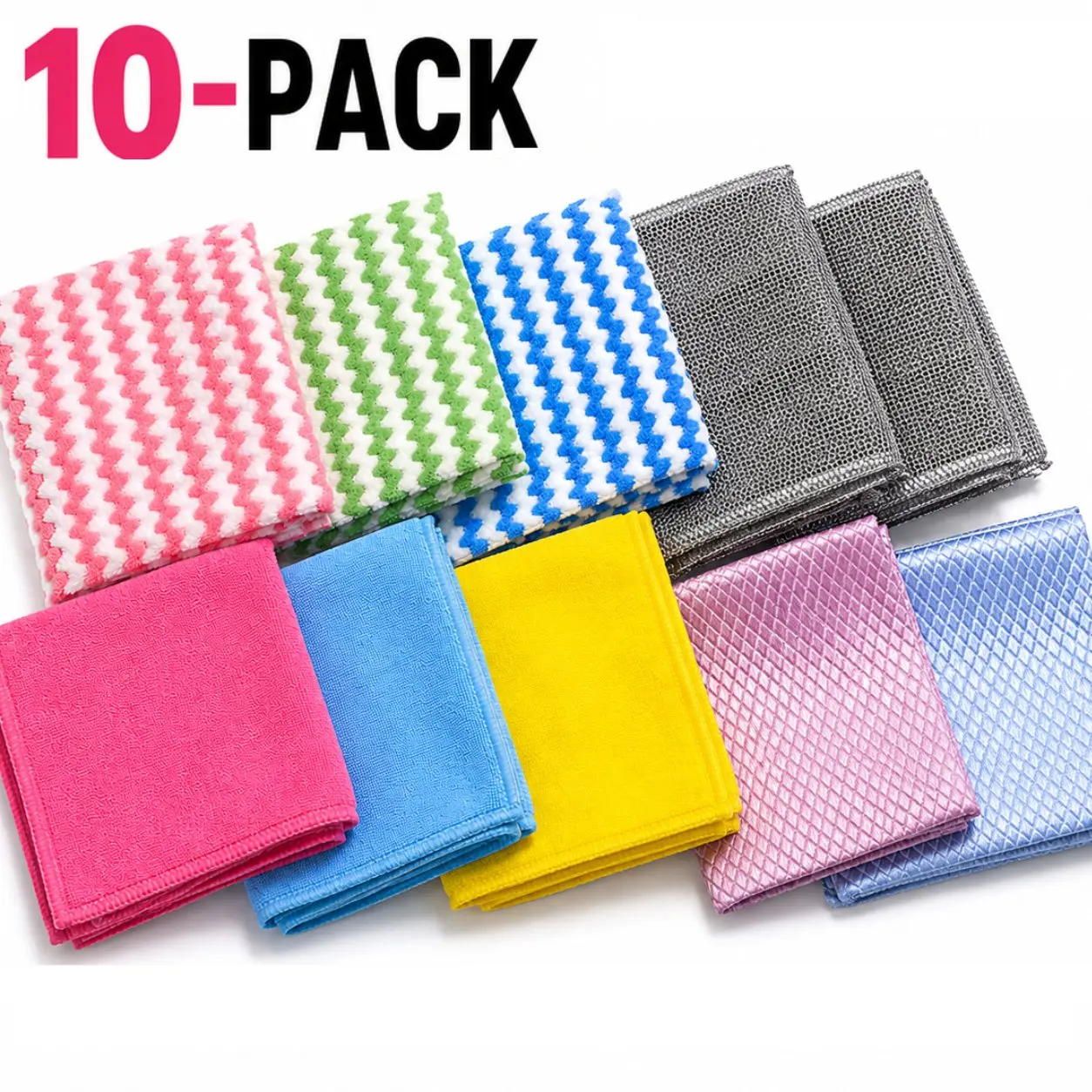 Starter Cleaning Kit 10-Pack – Beginner Microfiber Cleaning Cloth Set, Fish Scale & Silver Wire Non-Scratch, 4 Textures Reusable Dish Rags for Kitchen & Home