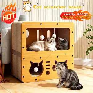 Double Pet Bed/ Two-Tier Scratching Post and Cat Bed Combo / Wooden Multi-Functional Cat Bed / Includes a Cat Toy Ball / Suitable for Multiple Cats / 2 in 1 Cat Bed with Scratching Board Minimalist Hangable Organiser Organiser Friend