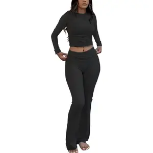 Casual Workout Two Piece Outfits Long Sleeve High Waist Fold-Over Flared Leggings Pants Tracksuit Sets Streetwear