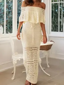 Women's Bohemian Off-Shoulder Crochet Dress, Adjustable Straps, Semi-Transparent Long Dress, Spring Summer Beach Vacation Casual, Womenswear, Elegant, Chic, Boho