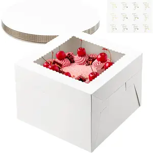 6 Pack Cake Boxes, 10 x 10 x 8 Inches Tall Bakery Box with Window and Cake Boards, Disposable Cake Containers for Wedding, Birthday, Party