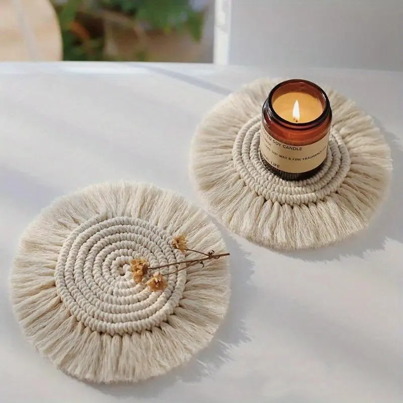Handmade Macrame Coaster - Bohemian Braided Round Tasseled, Non-Slip Tableware Cup Cushion, Home Decor for Restaurants