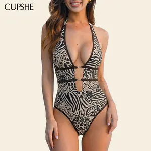 CUPSHE Spot Me Animal Print Plunging Neckline Mid Leg Cut Moderate Bum Coverage One-Piece Swimsuit Swimwear Bathing suit #tiktokshopmemorialday