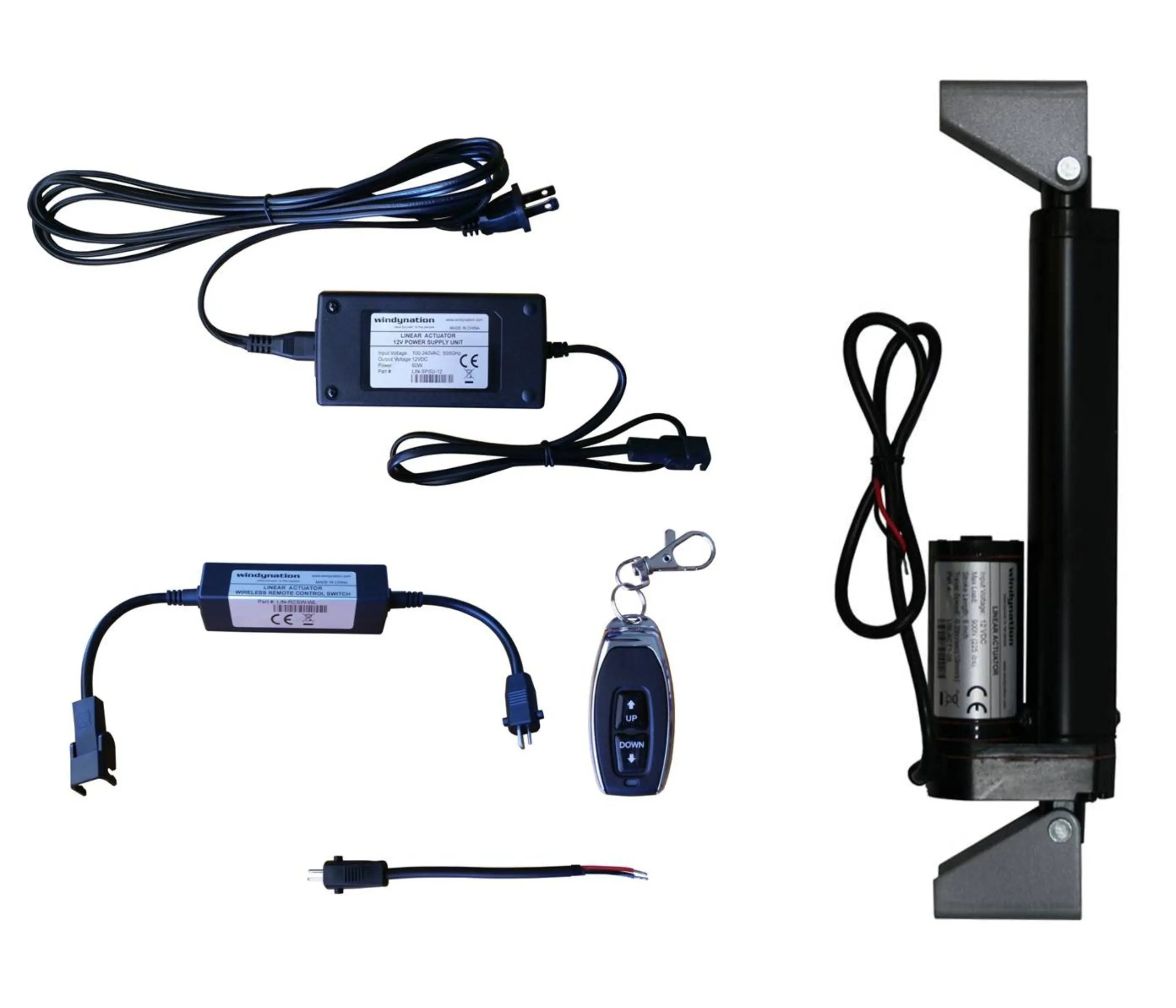 Windy Nation 12V Metal Linear Actuators (225lbs Load Capacity) - Included Mounting Brackets, Quick Snap Locking Cable, Optional 12V Power Supply & Wireless RC DPDT Normally Open Remote Control for Home Automation