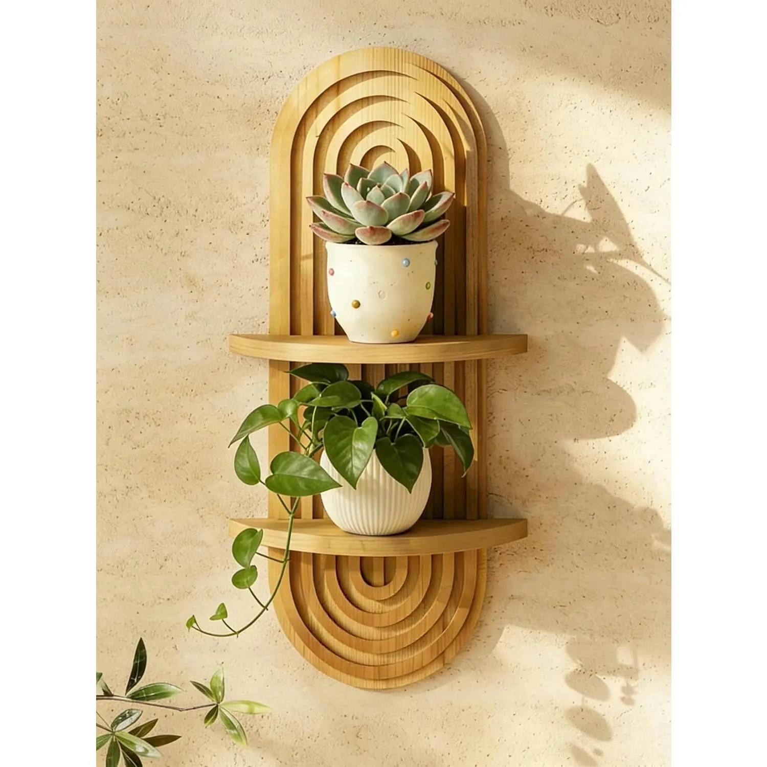 Mid-Century Natural Wood 2-Tier Wall-Mount Floating Shelf - Plant Storage, Home Decor Display for Living Rooms, Bathrooms