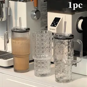 TikTok Viral Large-Capacity Striped Glass Tumbler with Lid and Straw, Aesthetic Reusable Iced Coffee Cup, BPA Free Cold Drink Cup for Juice Smoothie Boba, Hand-Wash-Only Drinkware for Home Office, Trendy Gift for Women Birthday Bridesmaid
