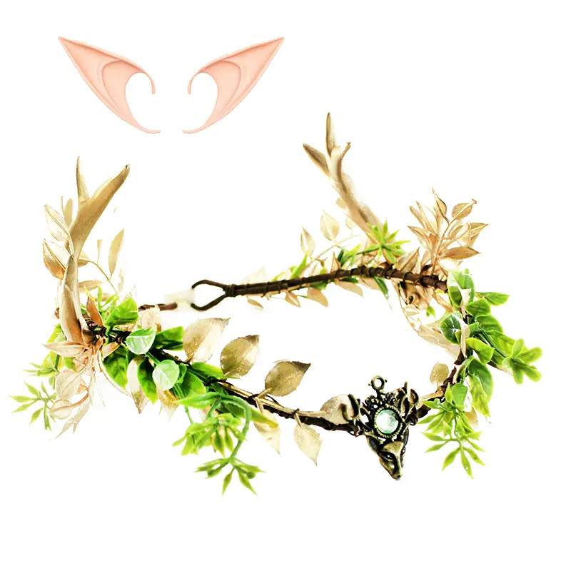 Women's GentleLie Forest Fairy Antler Headpiece - Elegant Crown Design, Fairytale Style Fantasy Princess Headpiece with Green Leaves, Gold Branches for Halloween, Cosplay, Fairytale Style Headpieces