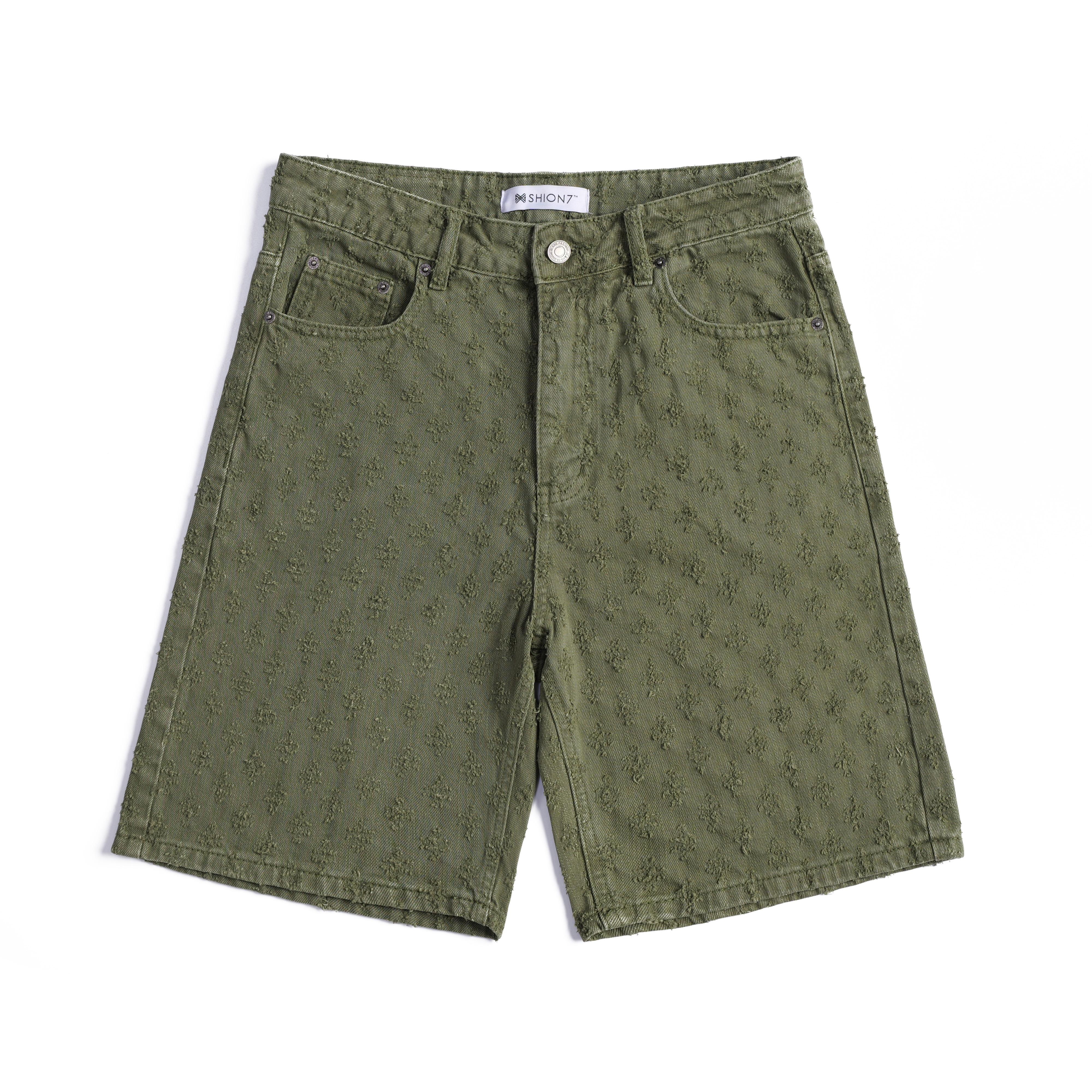 Green Distressed Denim Shorts For Men, Loosen Fit Mid Rise Summer Fashion Bottoms