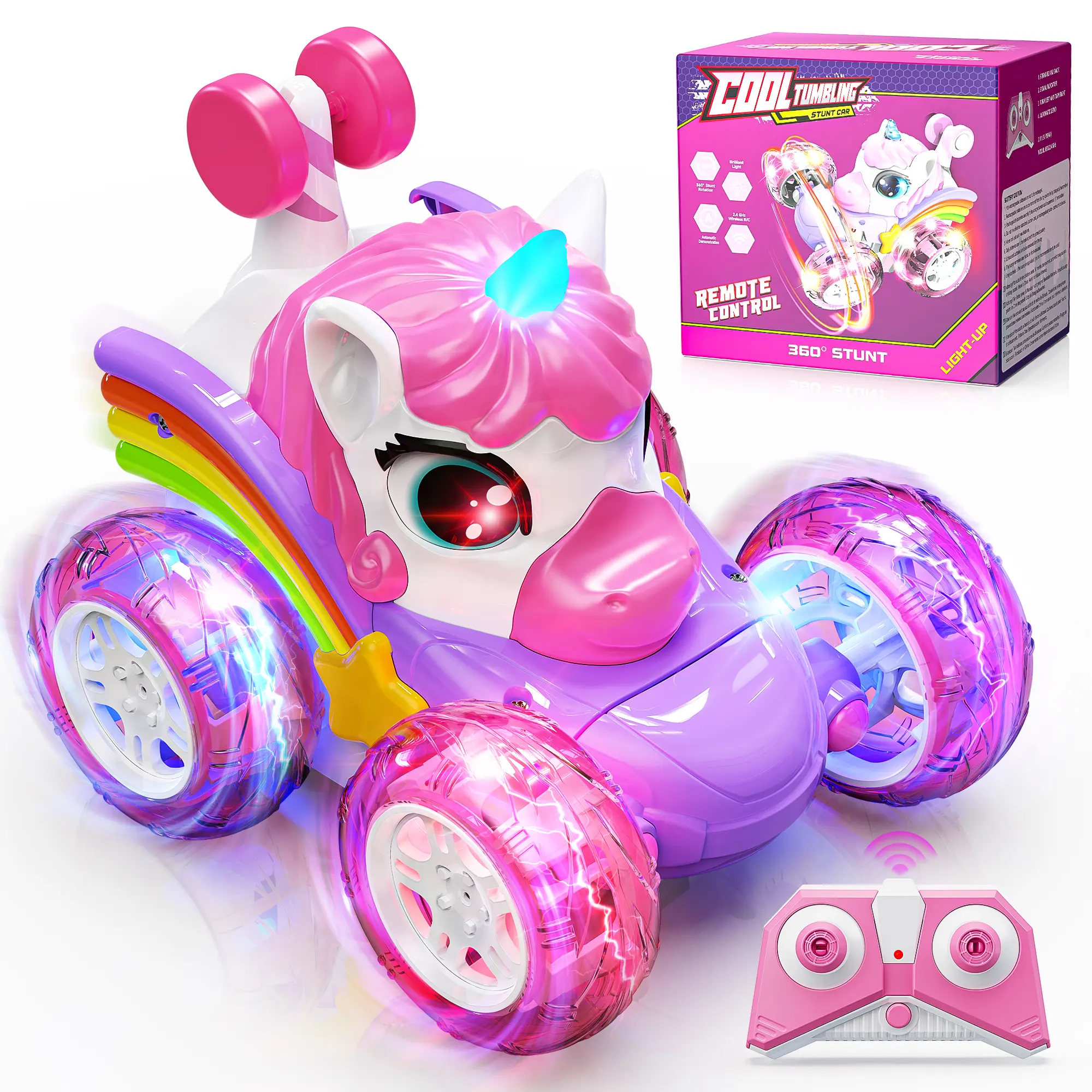 Unicorn RC Stunt Car for Girls – 360° Rotating Pink Remote Control Car, 4WD, 2.4GHz, LED Lights, USB Charging – Perfect Birthday & Christmas Gift for 3-9 Year Old Girls