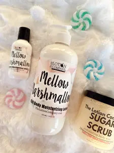 Mellow Marshmallow Body Lotion & Sugar Scrub – 16 oz, 2 oz Travel & 11 oz Options (light, soft & mellow scent) – The Lotion Company Lightweight Fluffy
