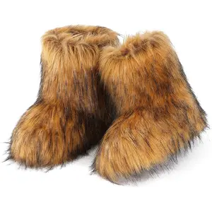 Women Faux Fur Boot Furry Fluffy Round Toe Suede Snow Winter Women Boots Comfy Plush Warm Short Outdoor Indoor Flat Shoes Mid-Calf Boots