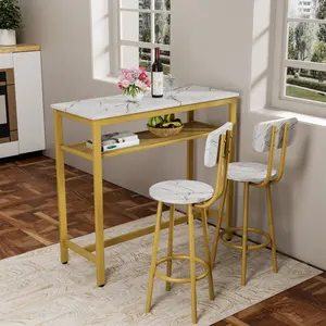 Dining Table Set with 2 Stools,3 Piece Counter Height for Kitchen, Living Room, Small Apartment Breakfast Table White Faux Marble Top