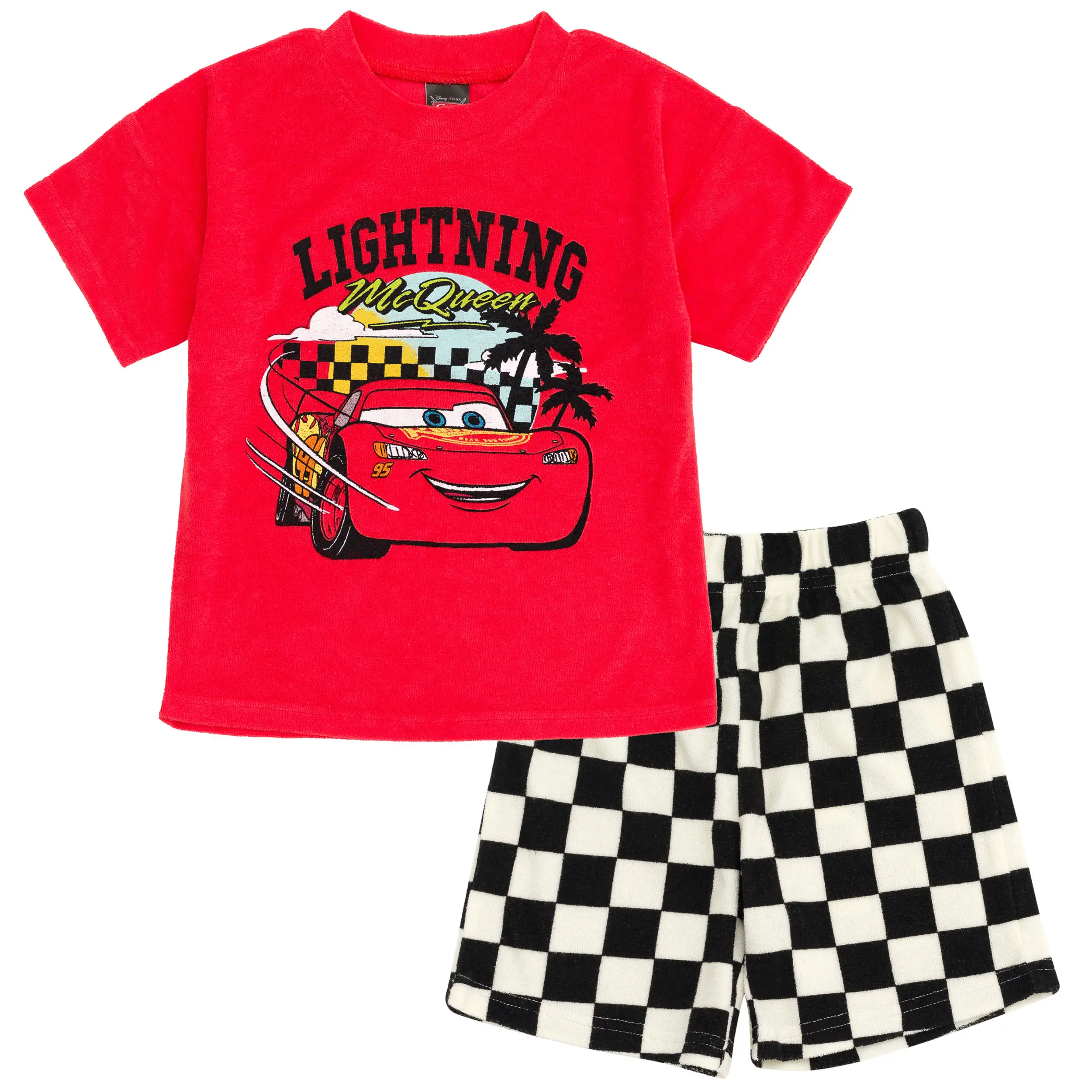 Disney Cars Lightning McQueen Boys' 2-Piece Racing Outfit - Red Short Sleeve Character Print Tee with Front Graphic, Elastic Waist Checkerboard Shorts for Warm Weather (3-4 Years, Toddler to Big Kid), Elastic Waist Shorts, Warm Weather Outfits