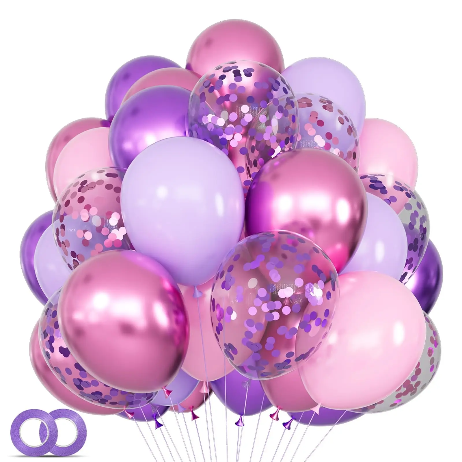 68 Pink And Purple Balloon Set, 12-Inch Metallic Purple And Pink Latex Balloons, Confetti Balloons With Ribbons, Perfect For Weddings, Girls' Birthdays, Baby Shower Decorations, Balloon Party Supplies